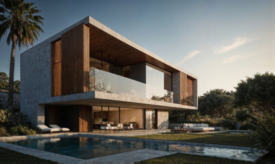 Fototapeta premium The facade of a modern house with a courtyard, terrace and swimming pool