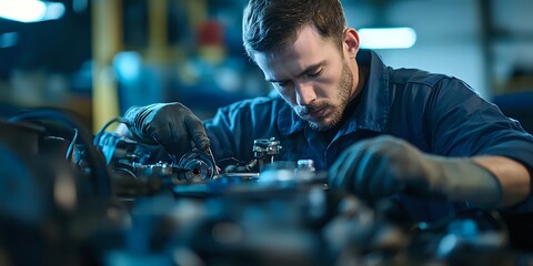A mechanic works on an engine, focusing intently on the task at hand.