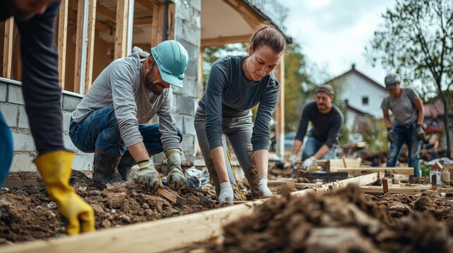 A group of neighbors rebuilding a house after a natural disaster, embodying the spirit of community support