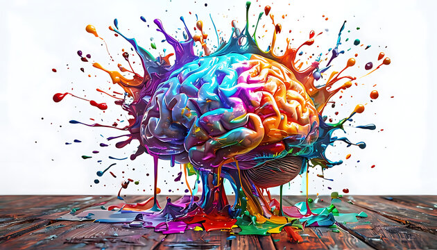 Human brain exploding with different colors reflecting knowledge and creativity. Concept art creativity