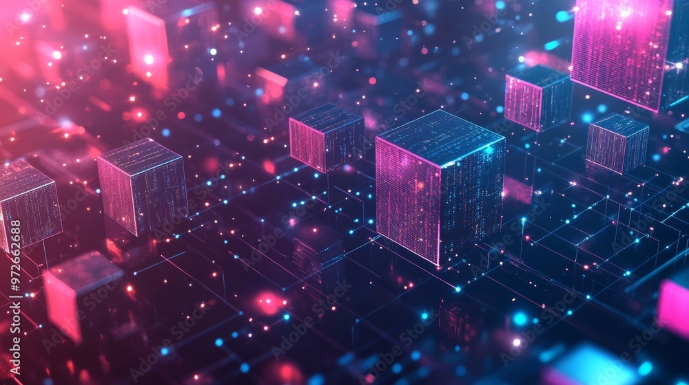 Aufkleber 3D glowing data cubes floating in a high-tech digital environment. Representation of cloud storage and blockchain technology.