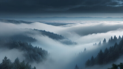 Panoramic view of foggy forest in the mountains at sunrise