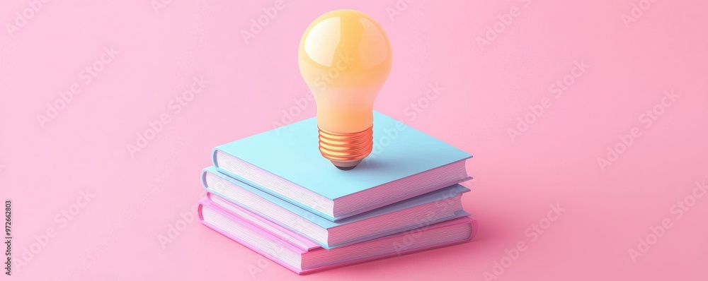 Aufkleber 3d icon of a light bulb on top of a stack of books symbolizing knowledge and innovation on a pastel 