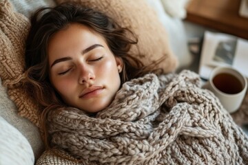 A woman wrapped in a knit blanket cradles a steaming tea cup, exuding comfort and tranquility in a cozy, serene atmosphere perfect for unwinding.