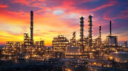 Fototapeta premium A large industrial complex at sunset. The complex is lit up with yellow lights and is set against a background of a fiery sunset.