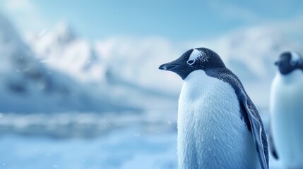 Fototapeta premium Two Adelie penguins are spotted on a snowy landscape beneath a clear sky in Antarctica