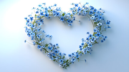 A heart-shaped arrangement of delicate blue forget-me-not flowers with yellow centers.