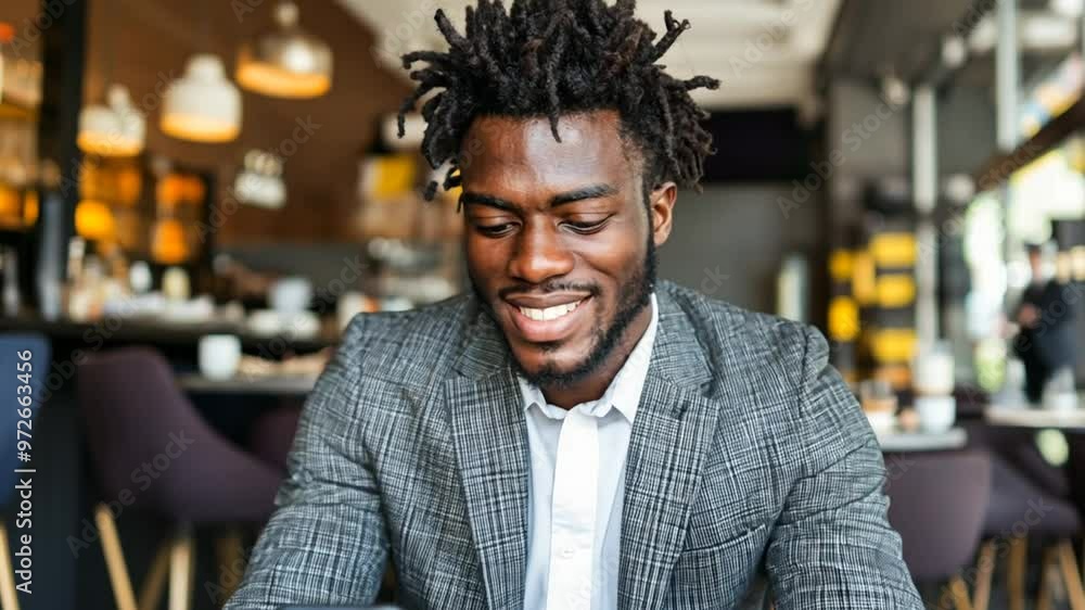 Poster man in a suit happily using his smartphone in a modern café generative ai