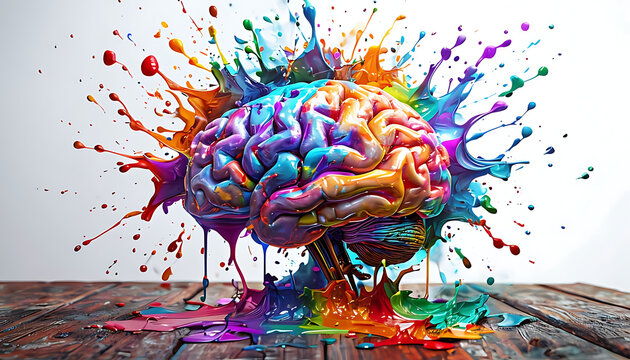 Human brain exploding with different colors reflecting knowledge and creativity. Concept art creativity