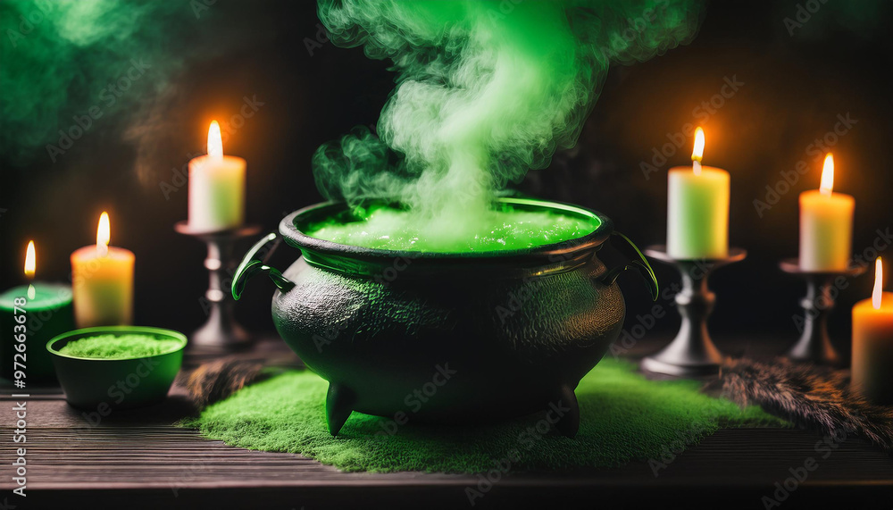 Wall mural magical cauldron with green potion and smoke. burning candles. mystical concept.