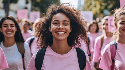 A group of people participating in a cancer awareness walk, wearing matching T-shirts and carrying signs of hope