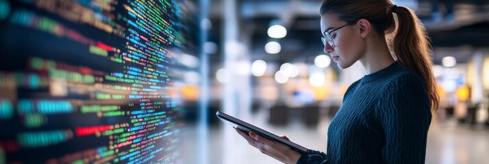 Female software engineer writing code on a tablet in a modern workspace. Women in tech and programming.