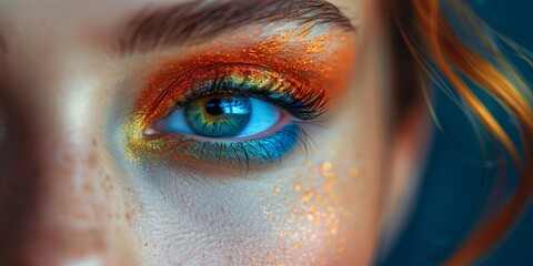 Close-up of a bright eye with orange and blue eyeshadow, glitter accentuating the makeup, and freckles visible on the skin around the eye