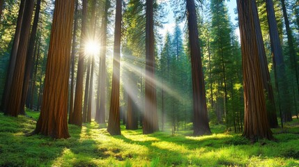 Fototapeta premium A forest with a sun shining through the trees and grass, AI