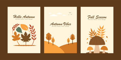 Set of trendy minimal autumn illustrations. Vector templates for greeting card, invitation, poster, flyer, cover and other use. Fall background. 