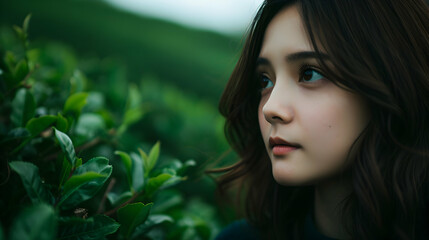 Fototapeta premium Young Chinese Model Lush Tea Plantation