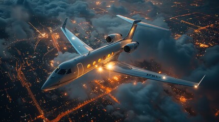 Fototapeta premium Luxury jet soaring above a city skyline at twilight, illuminating clouds with its glowing lights. Generative AI