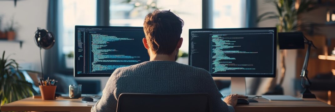 Two software developers working late at night on code in a modern office. Team collaboration on development projects.