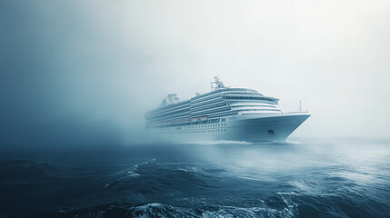A large cruise ship is sailing in the cold of the vast ocean. There are waves and cold air from the water surface. The sky is covered with light fog