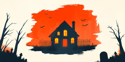Halloween illustration artwork of haunted house, cemetery background