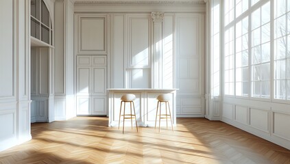 Obraz premium Light streams through large windows in a beautifully decorated room with white paneled walls, illuminating the parquet floor and two stools.