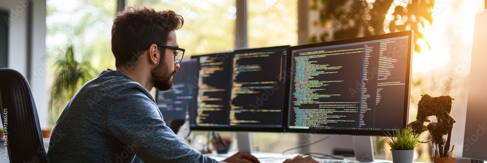Poster Focused coder working on multiple monitors with code displayed. Organized workspace and bright office environment for software development.