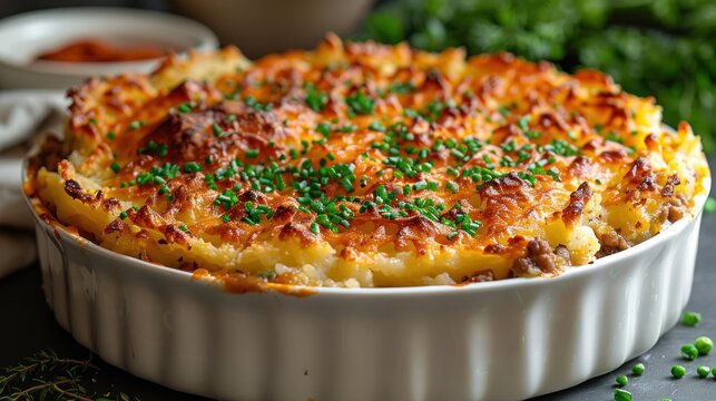 Delicious shepherd's pie with golden crust and fresh herbs on top, served warm for a comforting meal. Generative AI