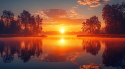 Obraz premium Serene sunset over a calm lake with reflections and trees.