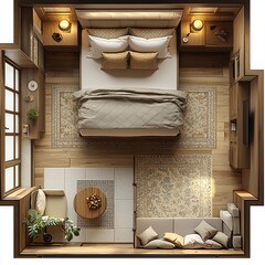 Top down view, 3D Render of a guest room with a traditional bed, floor plan