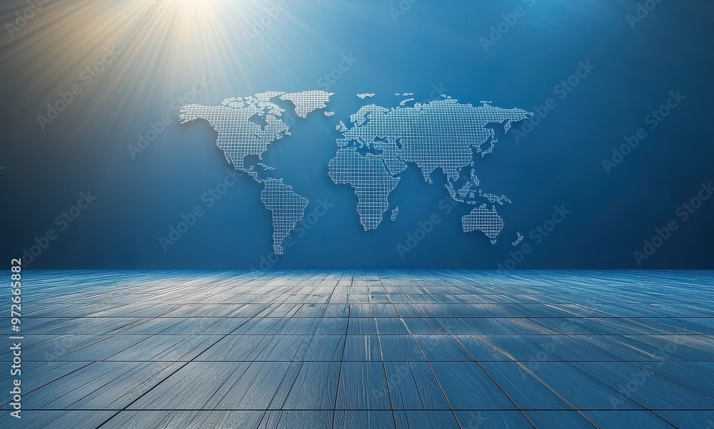 Poster 3d world map on a blue background with illuminating light, showcasing global connectivity and techno