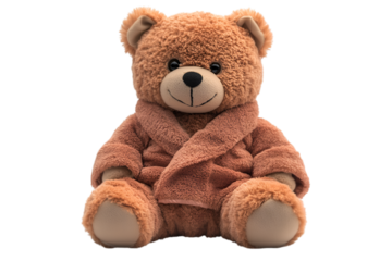 A brown teddy bear adorned in a soft robe, radiating a sense of coziness and companionship.