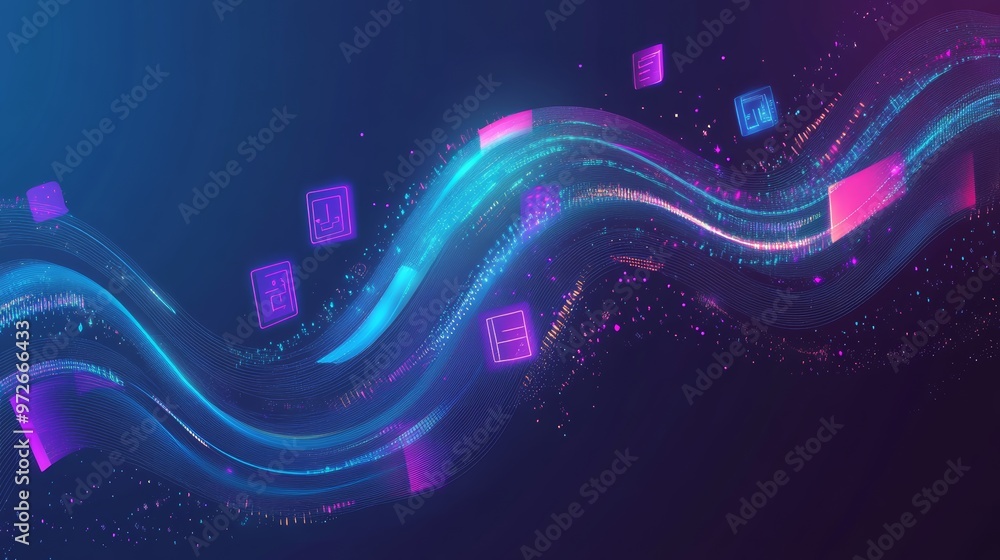 Poster Colorful digital wave with floating icons in a futuristic tech landscape. Abstract data stream and digital technology concept.