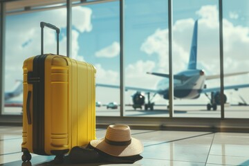 Bright Yellow Suitcase and Straw Hat at Airport With Airplane in Background on Sunny Day