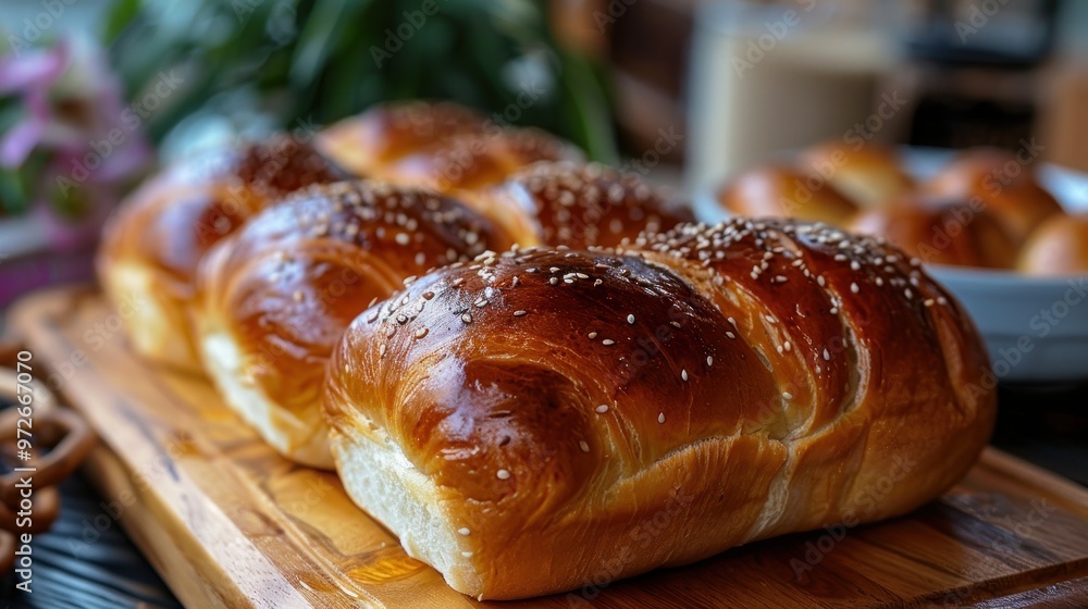 Wall mural freshly baked golden brioche loaves arranged beautifully on a wooden board with sesame seeds sprinkl