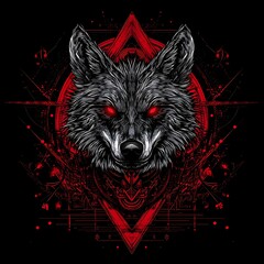 A Fiery Wolf Head Surrounded by a Red Geometric Pattern