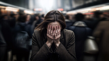 stressed woman covering face in crowd in urban environment. Panic attack or overwhelmed