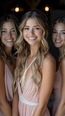 Fototapeta premium Three bridesmaids pose together in soft, elegant dresses before the wedding ceremony in a romantic setting. Generative AI