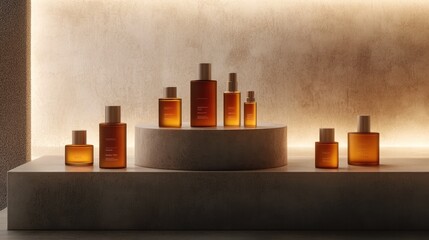 A minimalist display of glass skincare bottles in a gradient of brown to orange on a smooth concrete plinth, with soft lighting that enhances their luxury.