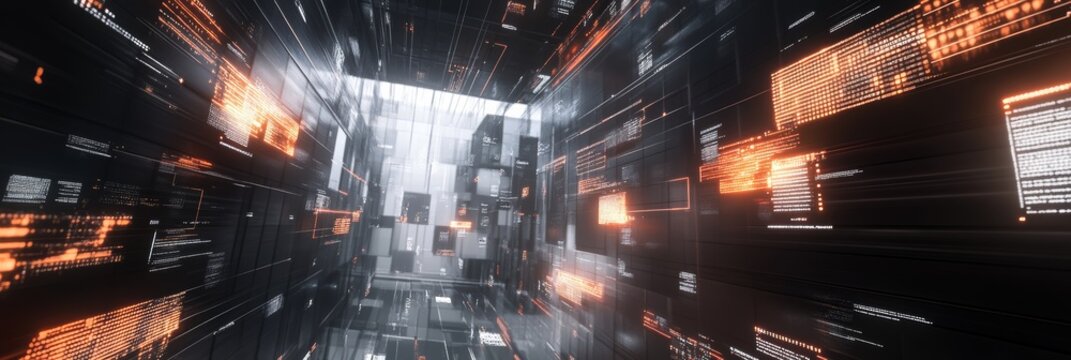 Abstract data flow in a futuristic corridor with glowing code and virtual information.