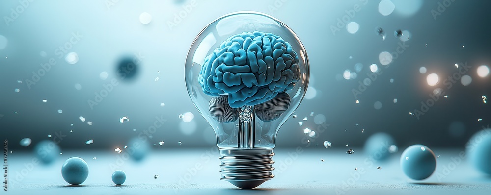 Poster 3d illustration of a floating light bulb with a brain inside symbolizing innovation and intelligence