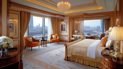 Fototapeta premium Soft lighting fills the elegant bedroom, showcasing a vintage leather bed, stylish wooden side tables, and an inviting orange armchair by the large windows