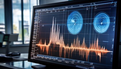 Detailed seismograph display of earthquake data in modern laboratory
