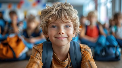 A joyful boy with curly hair smiling brightly in a colorful classroom filled with eager students. Generative AI