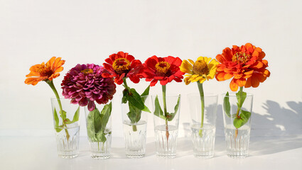 Flowers Zinnia in glass vases with shadow. Blooming beautiful colorful flowers Zinnia.