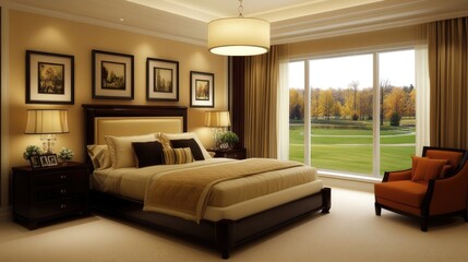 Soft lighting fills the elegant bedroom, showcasing a vintage leather bed, stylish wooden side tables, and an inviting orange armchair by the large windows