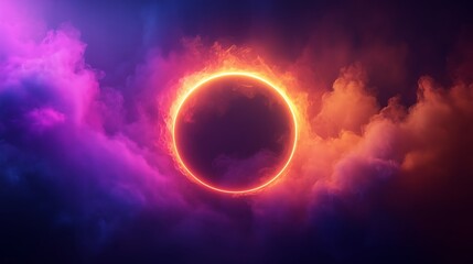 Obraz premium A vibrant neon glowing circle floating in the middle of a cloud of colorful mist.