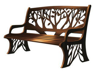 Bench old charm and vintage comfort on transparent background. Ornate black metal and wood bench leaf pattern. 
