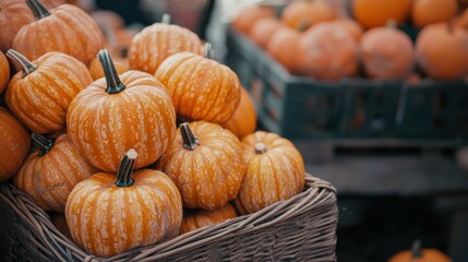 Beautiful orange Halloween pumpkins on sale at an outdoor farmers market in Germany. Natural ornamental gourds. Harvest and Thanksgiving concept.