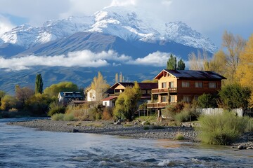 Fototapeta premium Picturesque riverside cabins surrounded by autumn foliage and snow-capped mountains in the tranquil landscape