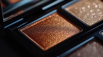 Fototapeta premium A shiny metallic eye shadow palette, zoomed in to show the smooth texture and sleek design, with warm lighting adding a sense of luxury and sophistication.